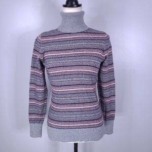 LL Bean Multi Color Fair Isle Stripe Cotton Cashmere Blend Turtleneck Sweater XS